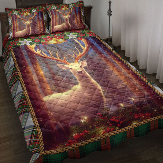Deer Quilt Set, White Deer Withmas Lightmass Quilt Blanket With Pillowcases, Quilt Bedding Set, Christmas Gift