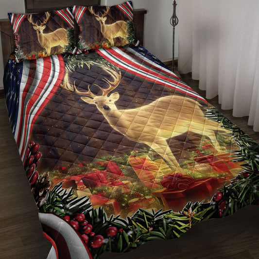 Deer Quilt Set, Beautiful Deer Inest With Boxesmas Us Flag Quilt Blanket With Pillowcases, Quilt Bedding Set, Christmas Gift