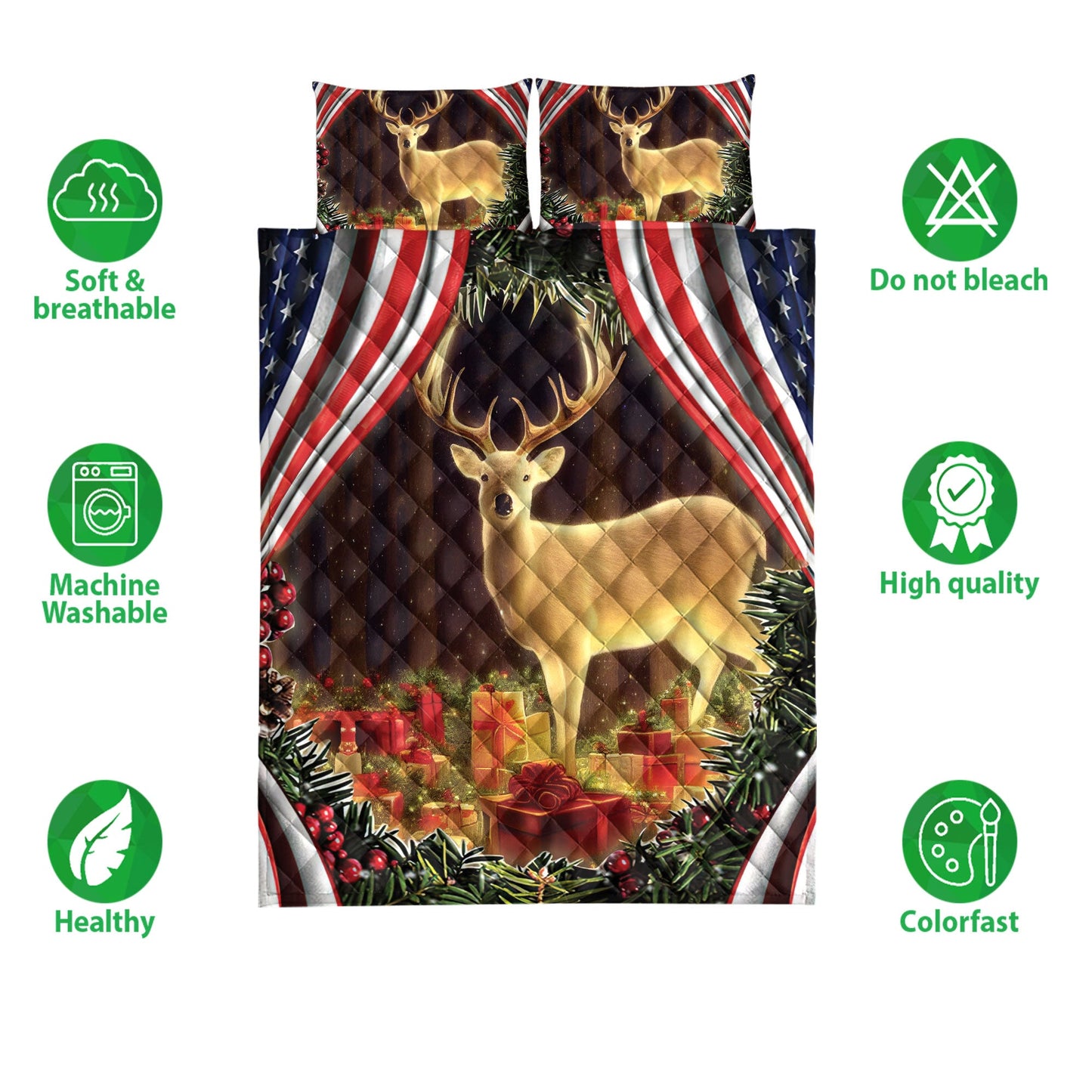 Deer Quilt Set, Beautiful Deer Inest With Boxesmas Us Flag Quilt Blanket With Pillowcases, Quilt Bedding Set, Christmas Gift