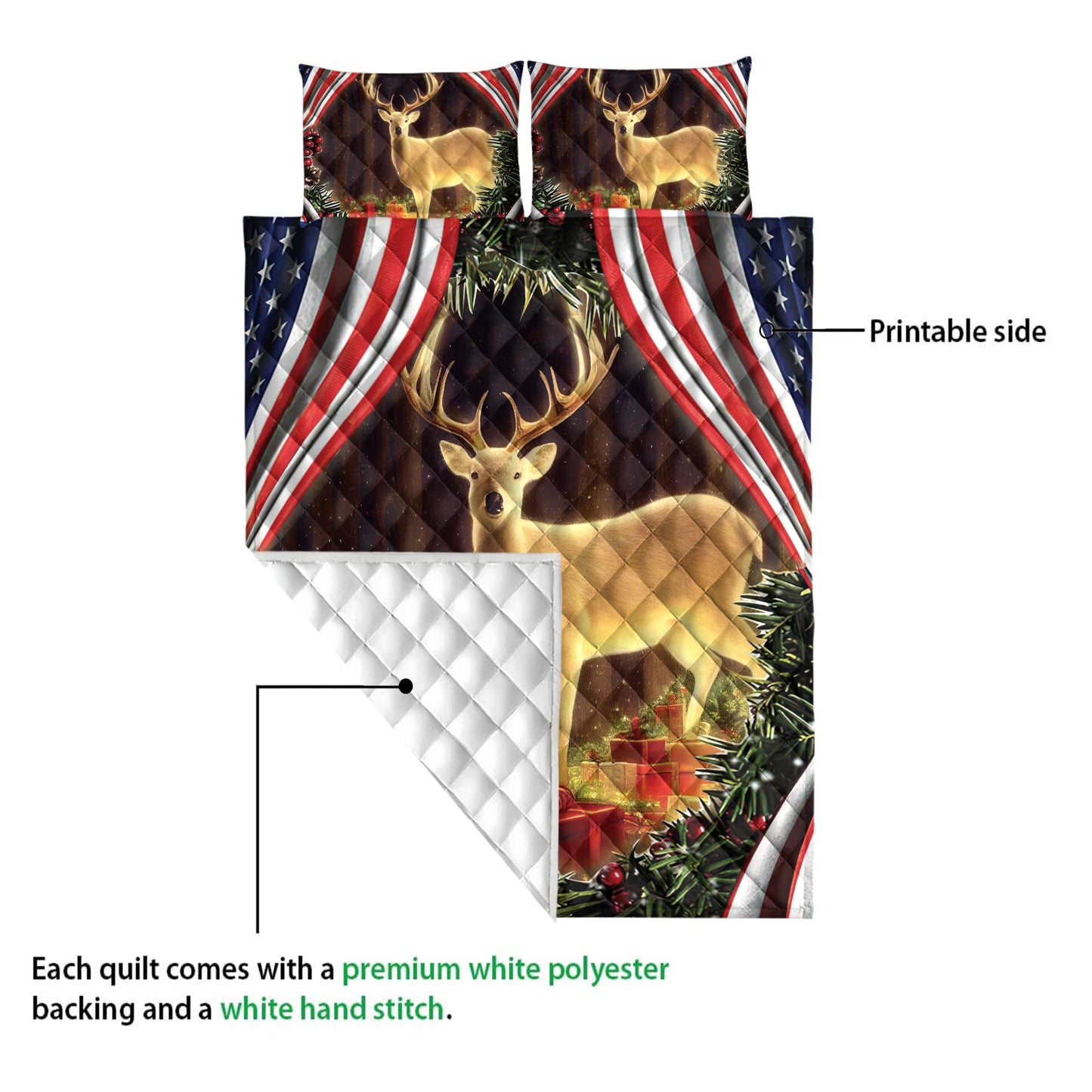 Deer Quilt Set, Beautiful Deer Inest With Boxesmas Us Flag Quilt Blanket With Pillowcases, Quilt Bedding Set, Christmas Gift