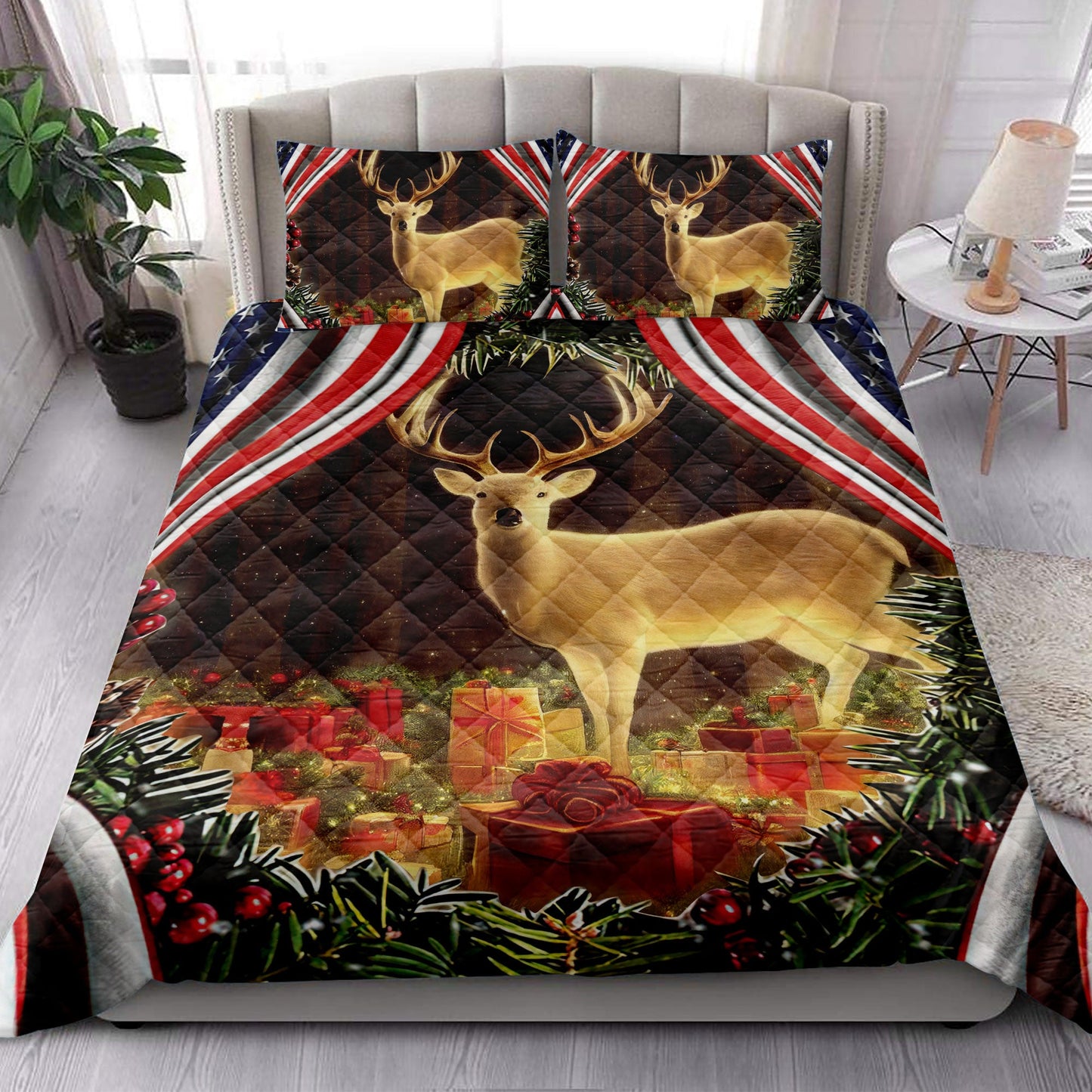 Deer Quilt Set, Beautiful Deer Inest With Boxesmas Us Flag Quilt Blanket With Pillowcases, Quilt Bedding Set, Christmas Gift