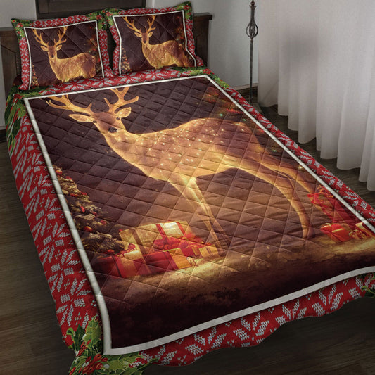 Deer Quilt Set, Lovely Deer Withmas Tree And Boxmass Quilt Blanket With Pillowcases, Quilt Bedding Set, Christmas Gift