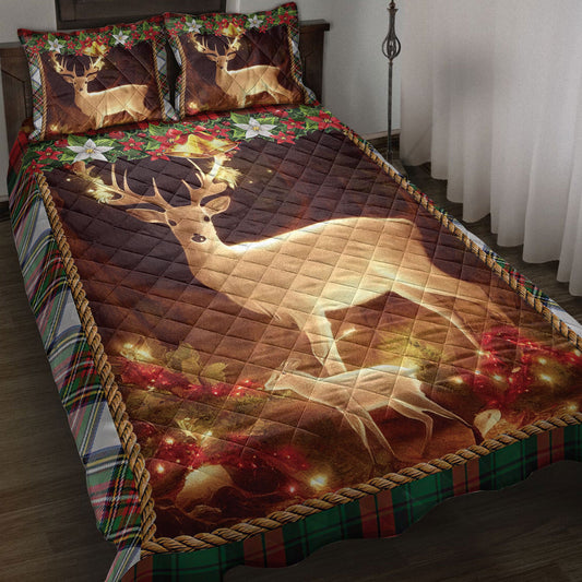 Deer Quilt Set, Beautiful Deer And Son Withmas Light And Garlands Quilt Blanket With Pillowcases, Quilt Bedding Set, Christmas Gift