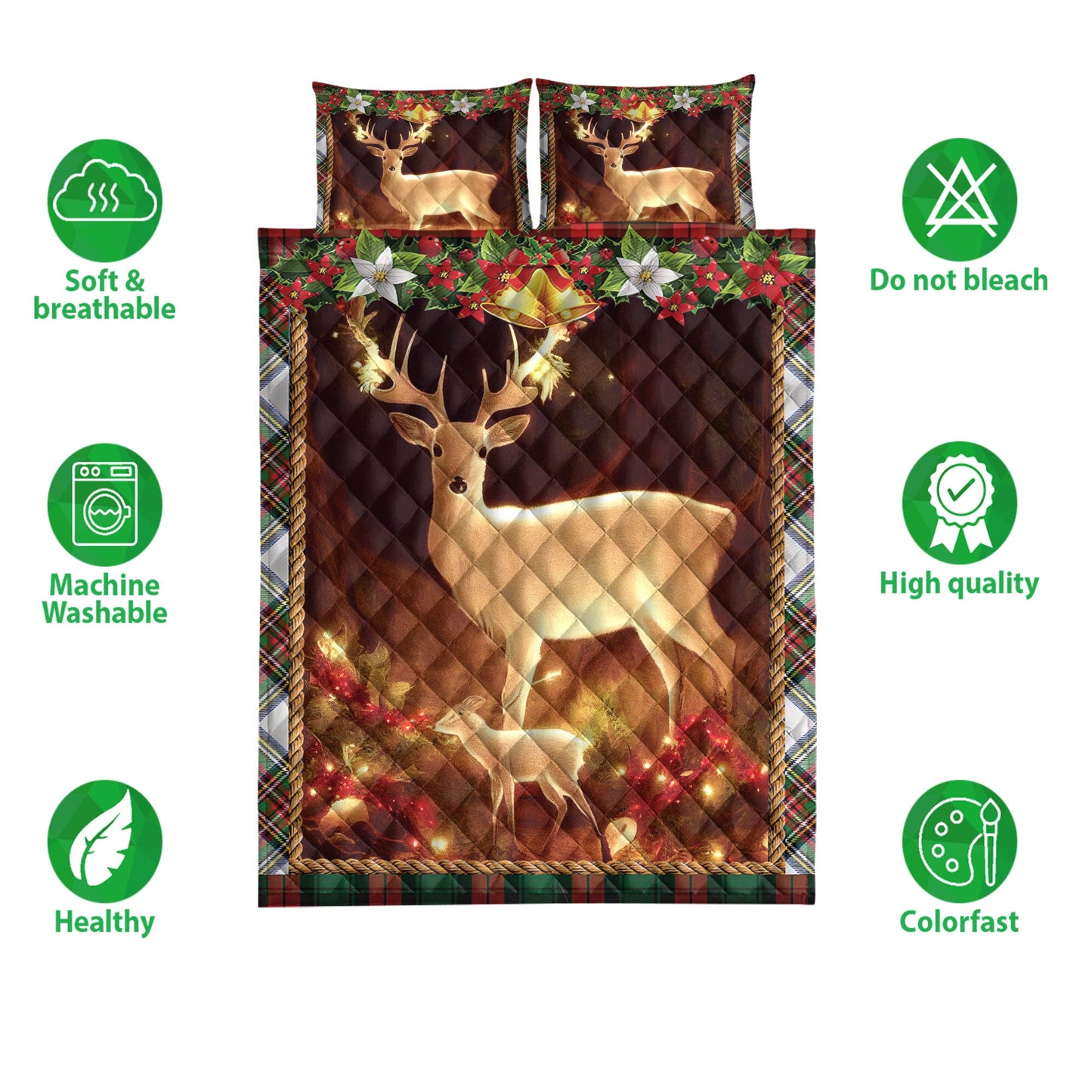 Deer Quilt Set, Beautiful Deer And Son Withmas Light And Garlands Quilt Blanket With Pillowcases, Quilt Bedding Set, Christmas Gift