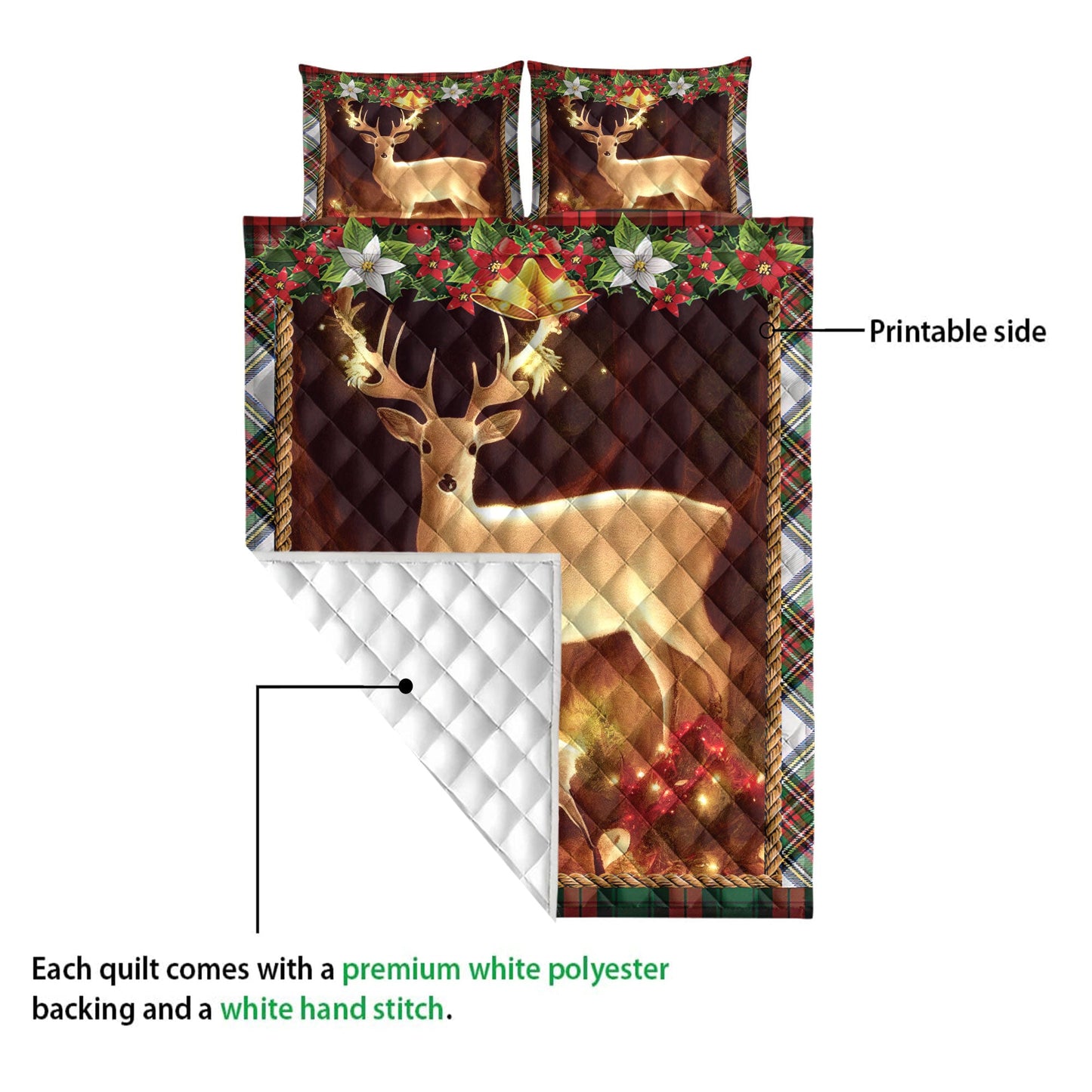 Deer Quilt Set, Beautiful Deer And Son Withmas Light And Garlands Quilt Blanket With Pillowcases, Quilt Bedding Set, Christmas Gift