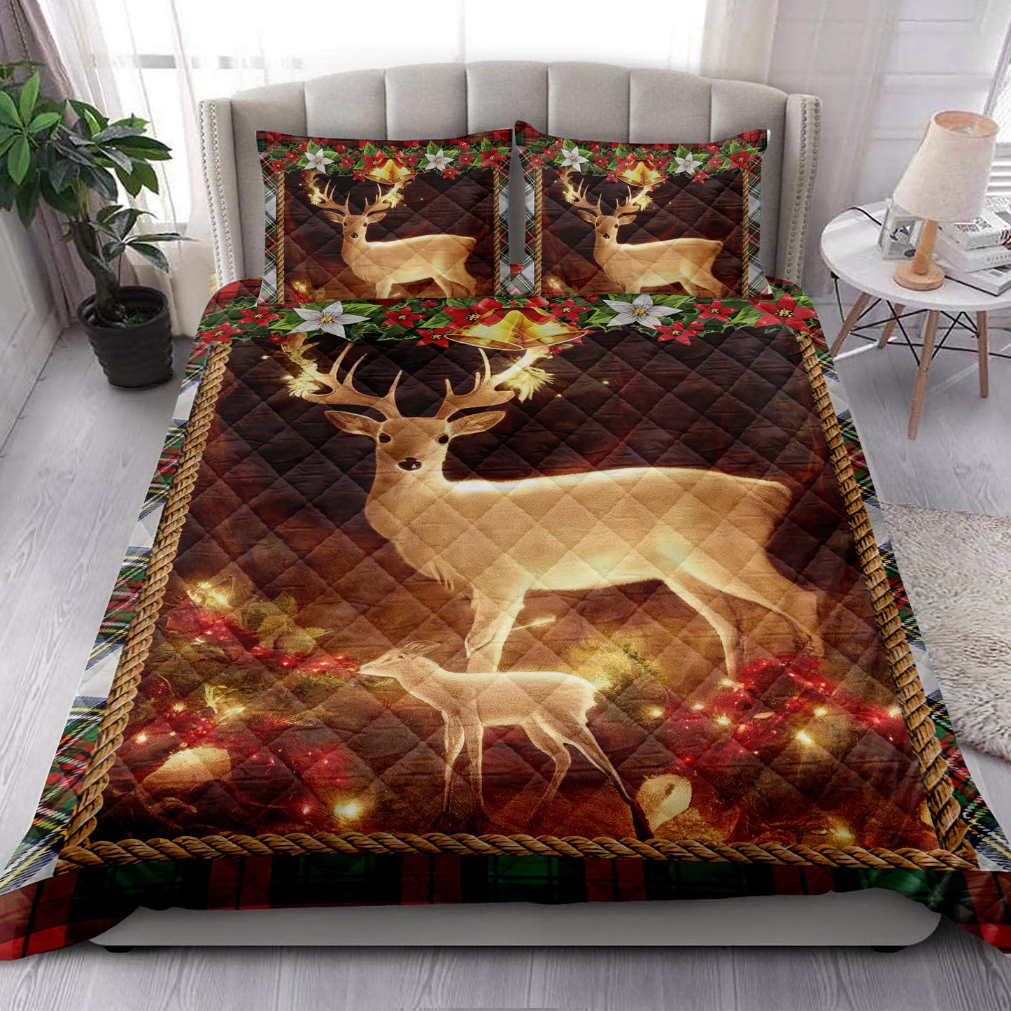 Deer Quilt Set, Beautiful Deer And Son Withmas Light And Garlands Quilt Blanket With Pillowcases, Quilt Bedding Set, Christmas Gift