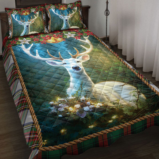 Deer Quilt Set, Beautiful White Deer Inest Withmas Lightmass Quilt Blanket With Pillowcases, Quilt Bedding Set, Christmas Gift