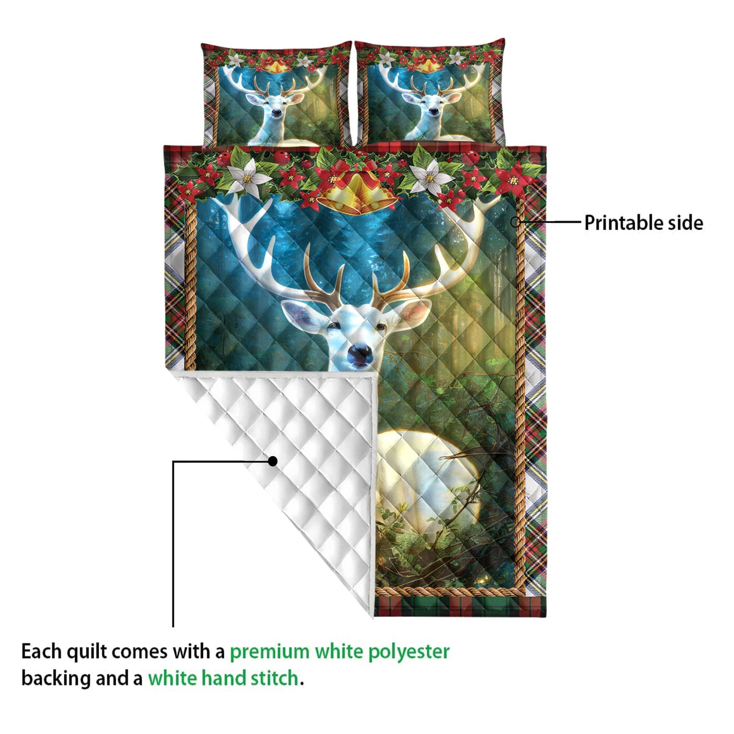 Deer Quilt Set, Beautiful White Deer Inest Withmas Lightmass Quilt Blanket With Pillowcases, Quilt Bedding Set, Christmas Gift