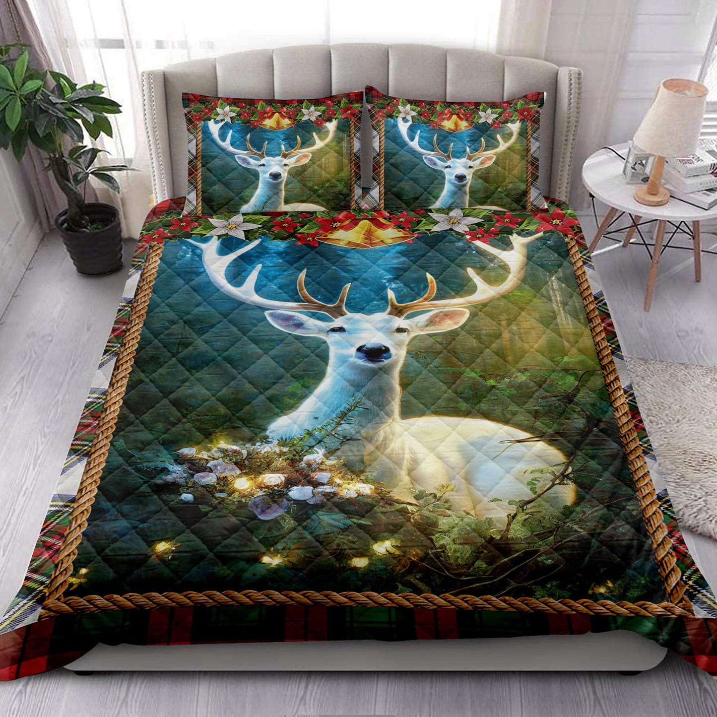 Deer Quilt Set, Beautiful White Deer Inest Withmas Lightmass Quilt Blanket With Pillowcases, Quilt Bedding Set, Christmas Gift