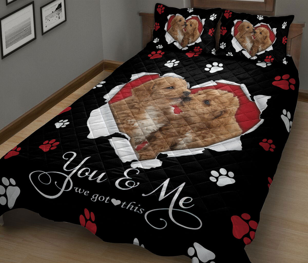 Goldendoodle Quilt Set, Goldendoodle Labradoodle Golden Doodle Dog Pearl Love Heart Quilt Blanket With Pillowcases, Quilt Bedding Set