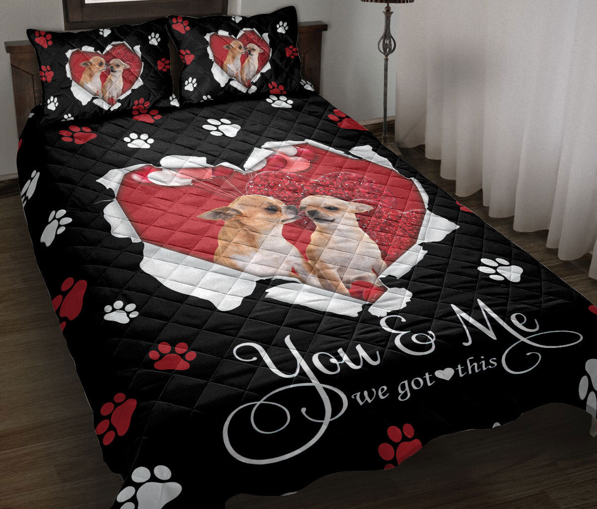 Dachshund Quilt Set, Dachshund Weiner Doxie Couple Dog Love Adorable Heart Quilt Blanket With Pillowcases, Quilt Bedding Set