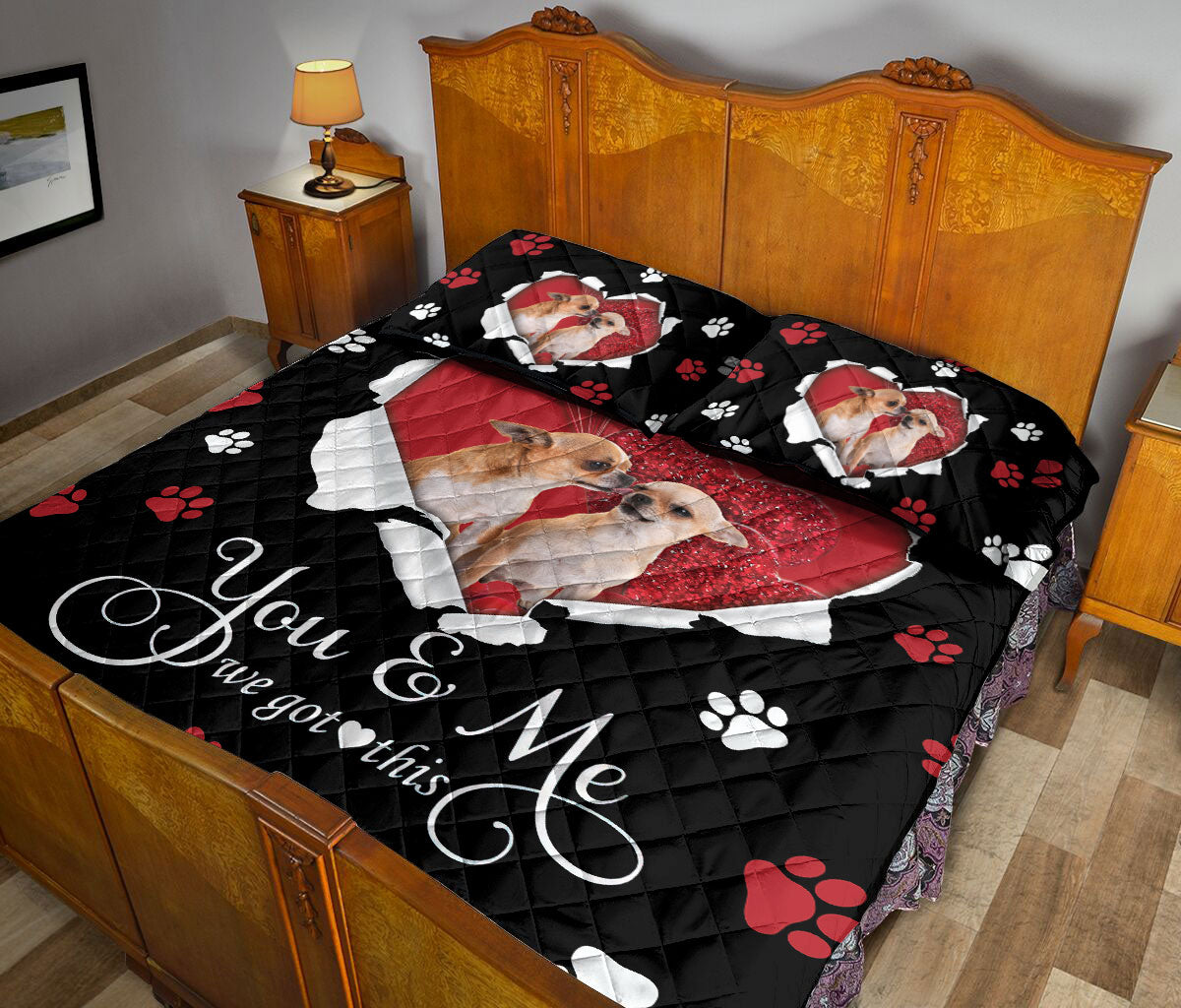 Dachshund Quilt Set, Dachshund Weiner Doxie Couple Dog Love Adorable Heart Quilt Blanket With Pillowcases, Quilt Bedding Set