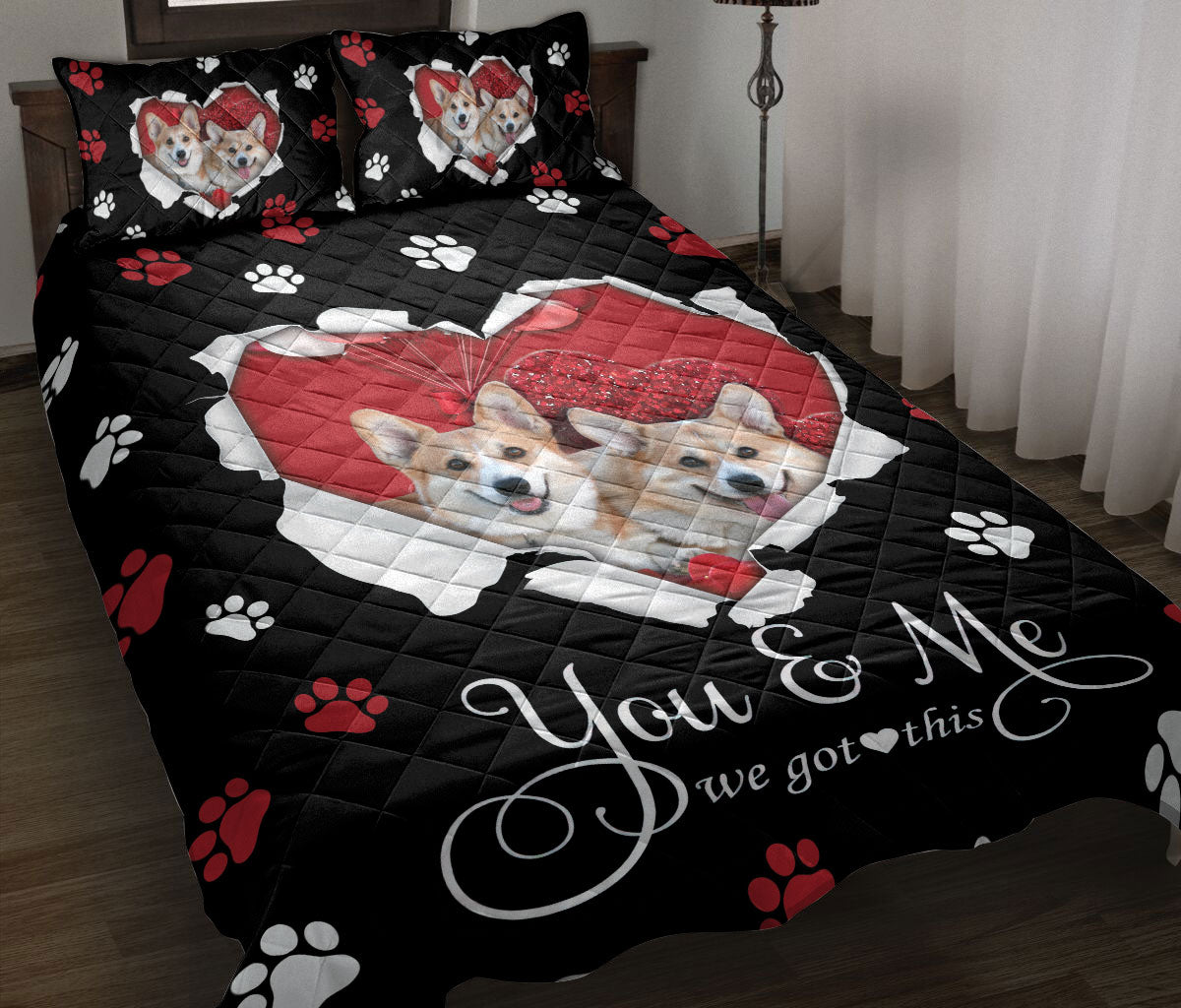 Corgi Quilt Set, Corgi Cute Dog Love Heart Quilt Blanket With Pillowcases, Quilt Bedding Set