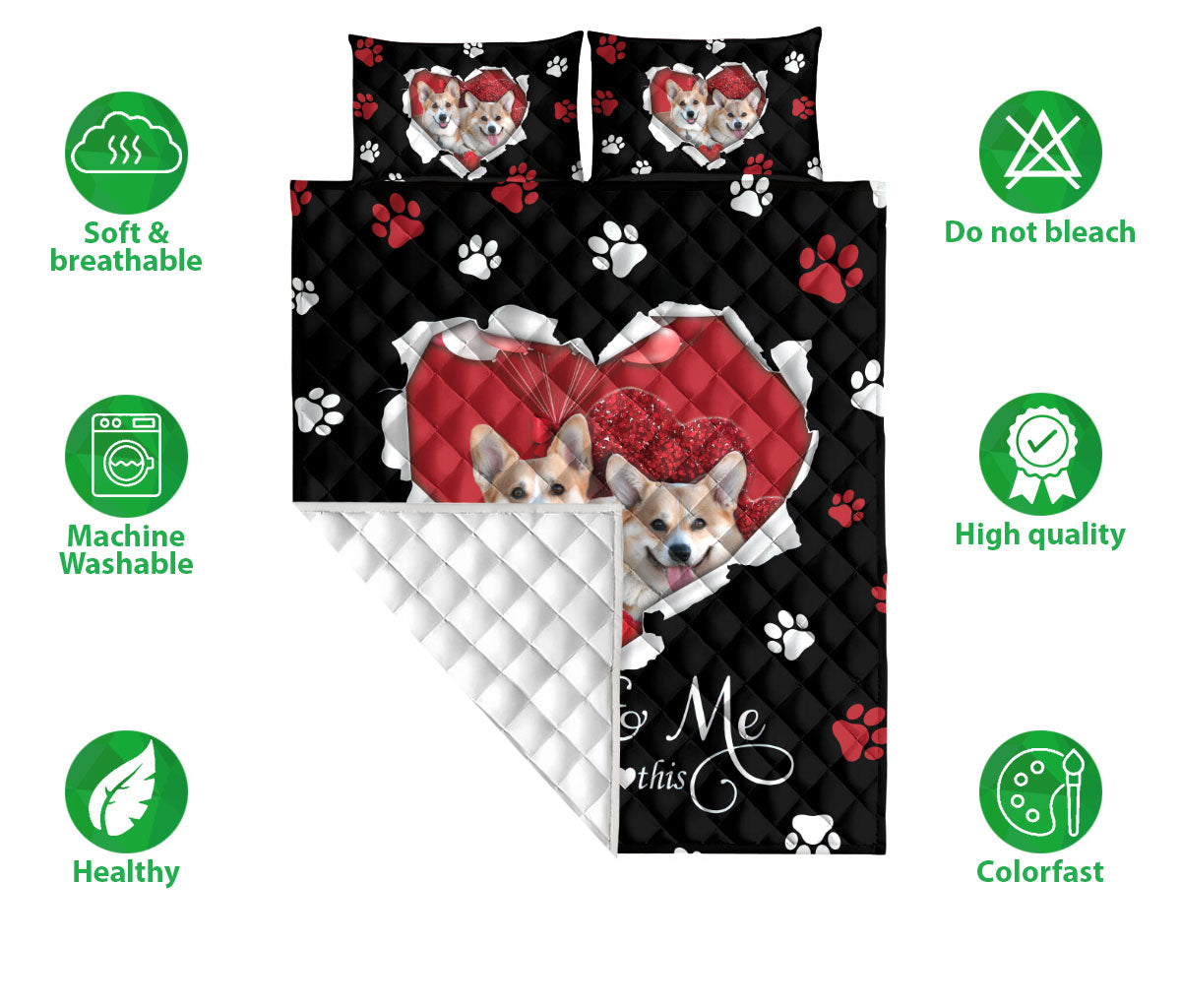 Corgi Quilt Set, Corgi Cute Dog Love Heart Quilt Blanket With Pillowcases, Quilt Bedding Set