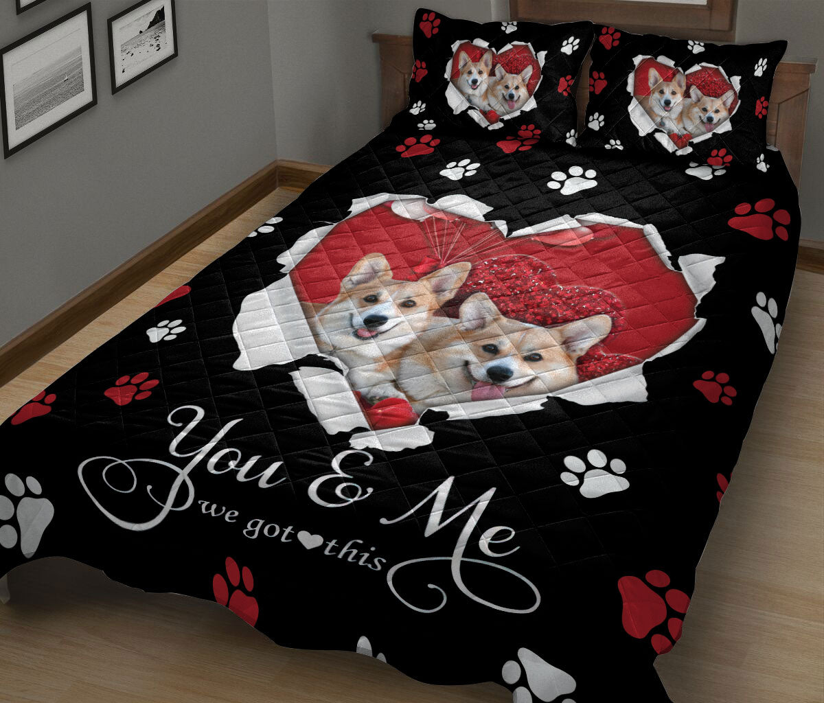 Corgi Quilt Set, Corgi Cute Dog Love Heart Quilt Blanket With Pillowcases, Quilt Bedding Set