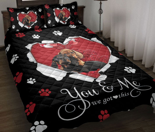 Dachshund Quilt Set, Dachshund Weiner Doxie Dog Love Adorable Heart Quilt Blanket With Pillowcases, Quilt Bedding Set