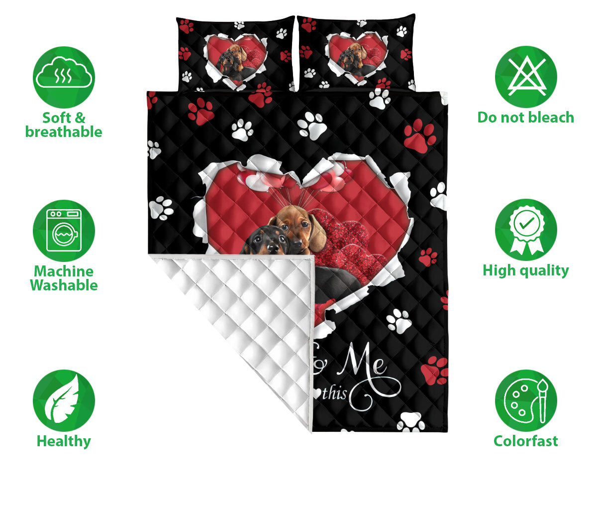 Dachshund Quilt Set, Dachshund Weiner Doxie Dog Love Adorable Heart Quilt Blanket With Pillowcases, Quilt Bedding Set
