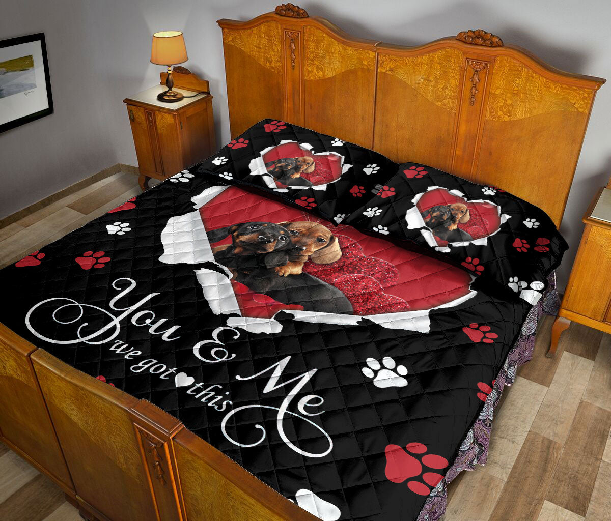 Dachshund Quilt Set, Dachshund Weiner Doxie Dog Love Adorable Heart Quilt Blanket With Pillowcases, Quilt Bedding Set