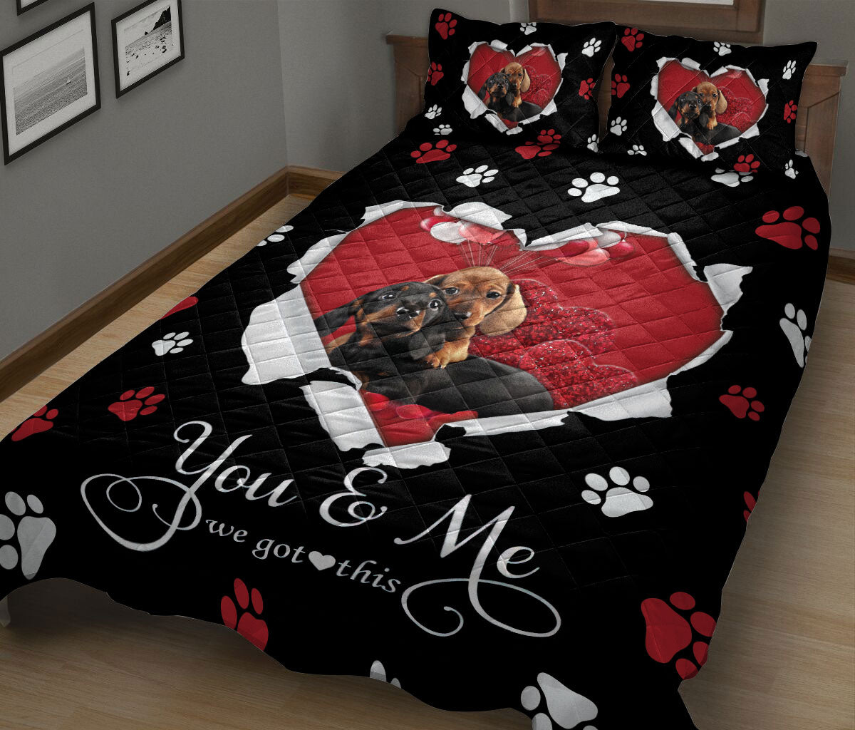 Dachshund Quilt Set, Dachshund Weiner Doxie Dog Love Adorable Heart Quilt Blanket With Pillowcases, Quilt Bedding Set