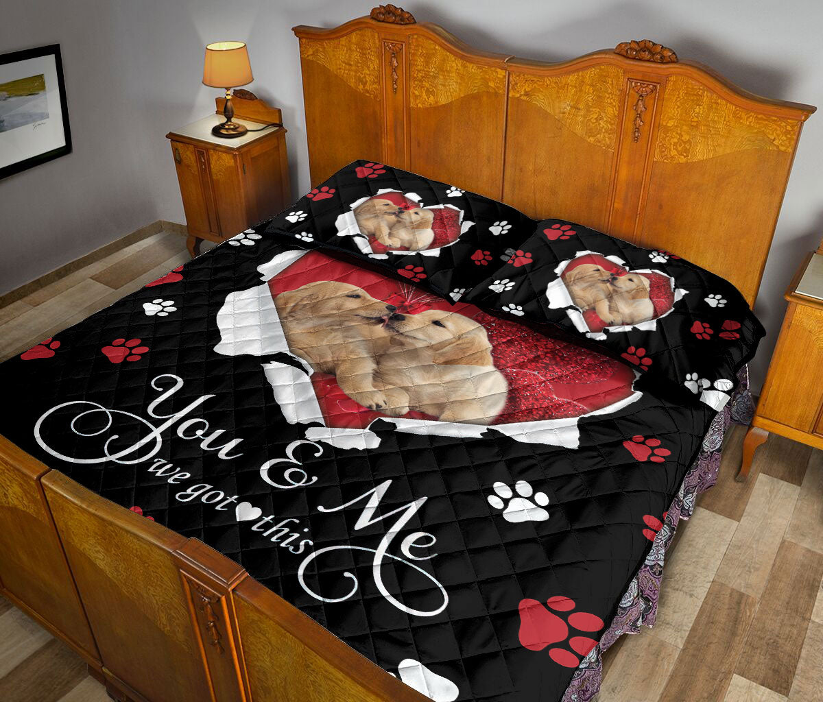 Golden Retriever Quilt Set, Golden Retriever Labrador Retriever Dog Love Heart Quilt Blanket With Pillowcases, Quilt Bedding Set
