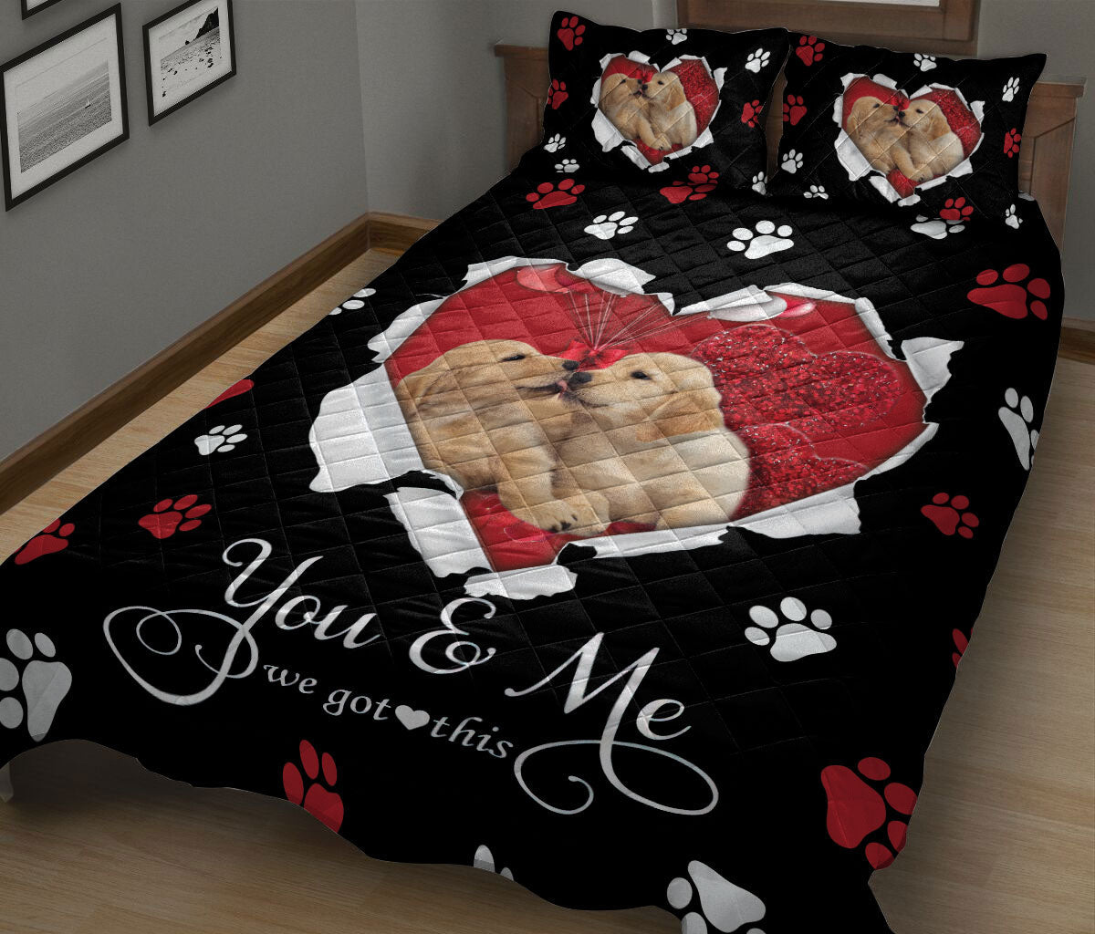 Golden Retriever Quilt Set, Golden Retriever Labrador Retriever Dog Love Heart Quilt Blanket With Pillowcases, Quilt Bedding Set