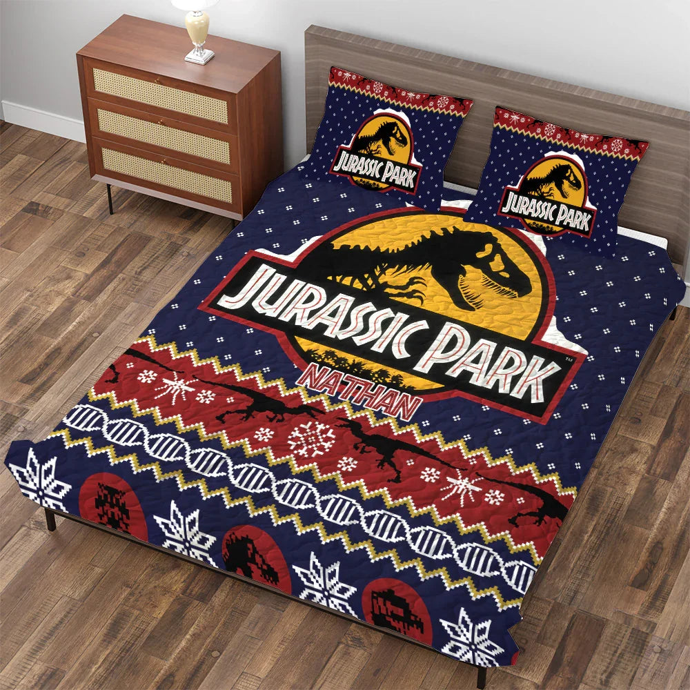 Personalized T-rex Dinosaur Jurassic Park Christmas  3-pc Quilt Bedding Set