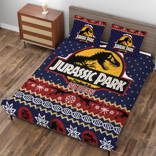 Personalized T-rex Dinosaur Jurassic Park Christmas  3-pc Quilt Bedding Set