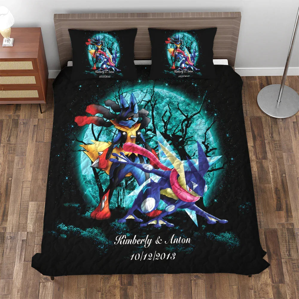 Personalized Halloween  3-pc Quilt Bedding Set – Greninja Satoshi Mega Lucario Funny Moonlight Design