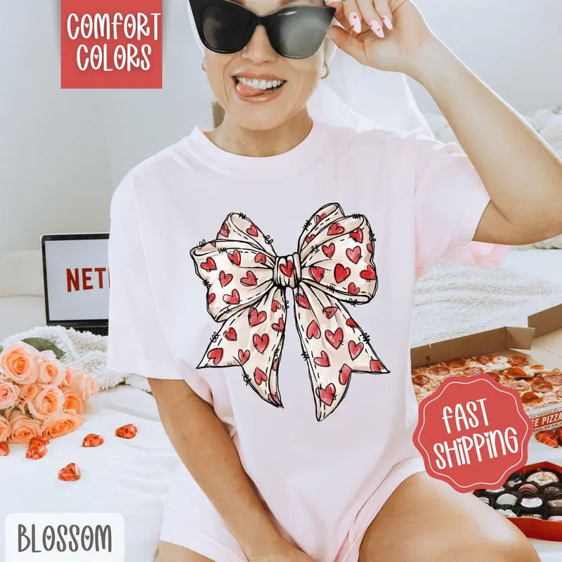 Red Heart Bow 2 Shirt Comfort Colors, Valentine's Day Women's Tee, Holiday Women's Tshirt