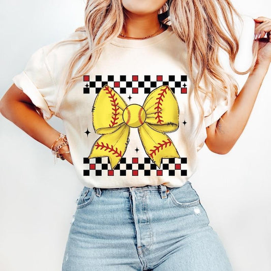 Retro Coquette, Softball Mom, Game Day Checker ,Softball Bow Mama Tshirt