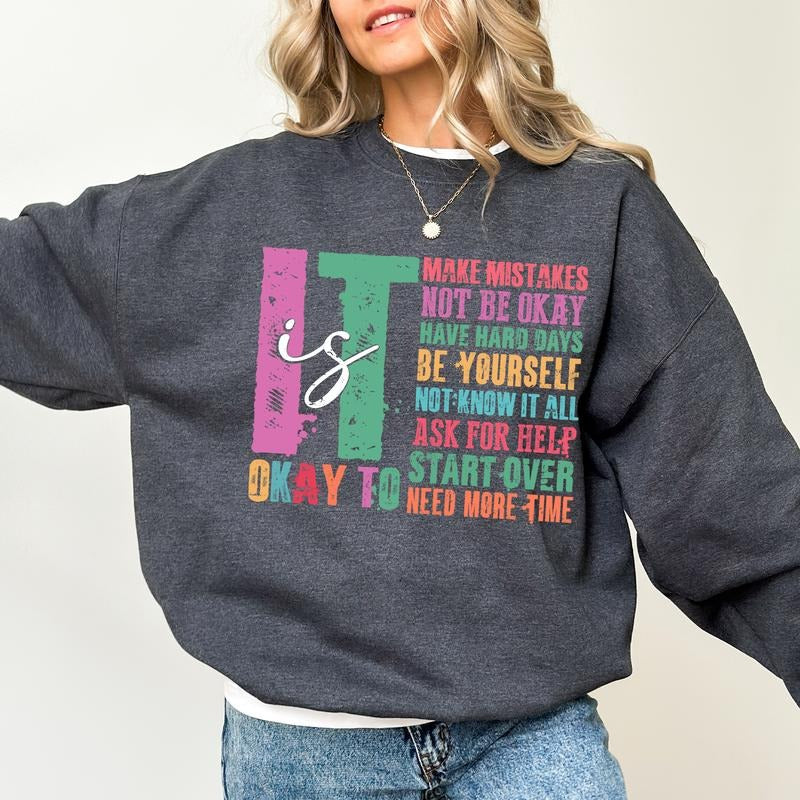 Retro It's Okay To Make Mistakes Be Yourself Sweatshirt, Inspirational Sweater, Motivation Saying Graphic Tee Women, Mental Health Crewneck, Funny Shirts For Women, Comfy Fabric Graphic Tee, Women's Tops, Cotton Fabric Relaxed Fit Chic Style