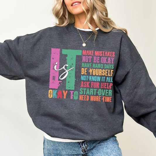 Retro It's Okay To Make Mistakes Be Yourself Sweatshirt, Inspirational Sweater, Motivation Saying Graphic Tee Women, Mental Health Crewneck, Funny Shirts For Women, Comfy Fabric Graphic Tee, Women's Tops, Cotton Fabric Relaxed Fit Chic Style