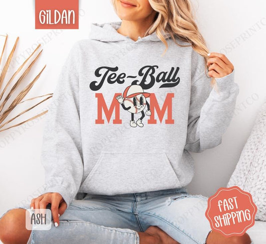 Retro Tee-Ball Mom Hoodie, Women's Crewneck, Cute Women's Tee-Ball Hooded Sweater