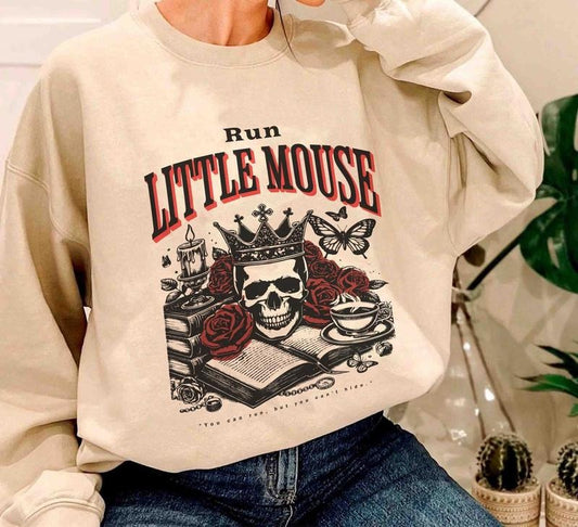 Run Little Mouse Sweatshirt, Haunting Adeline Hoodie, Dark Romance Merch, Smut Reader Shirt, Women's Book Lover Gift, Rose Skeleton Unisex Soft Comfort Crewneck Pullover Long Sleeves Graphic Fabric Sweater