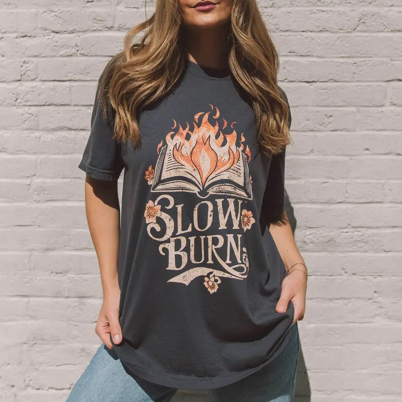 Slow Burn Graphic Tee,  Gift For Book Lover, Womenswear Crewneck Cotton Casual Fashion