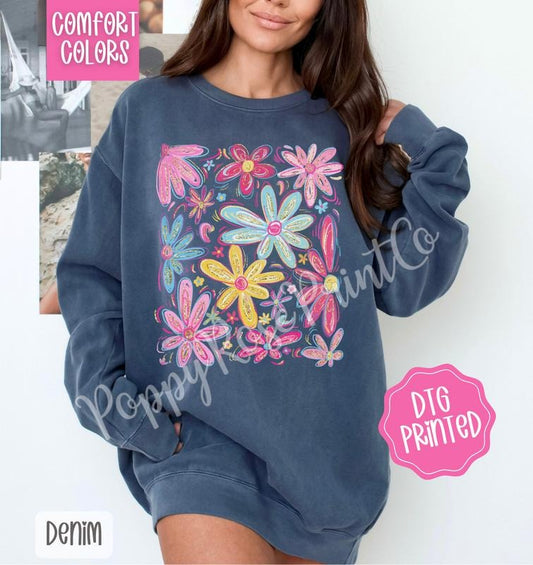 Summer Boho Floral Comfort Colors Sweatshirt, Cute Flower Sweater, Women's Crewneck, Gift for Her