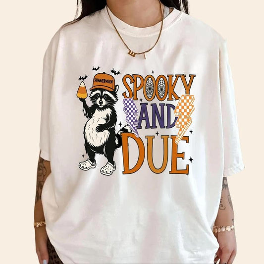 Summerween Spooky and Due Maternity Shirt Funny Raccoon Tee for Pregnant Mom to Be