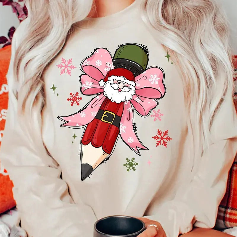Teacher Coquette Pencil Bow Sweatshirt, Christmas Bow, Xmas Pencil Bow , Retro Teacher Gift, Santa Xmas Shirt, Pencil Bow Sweatshirt