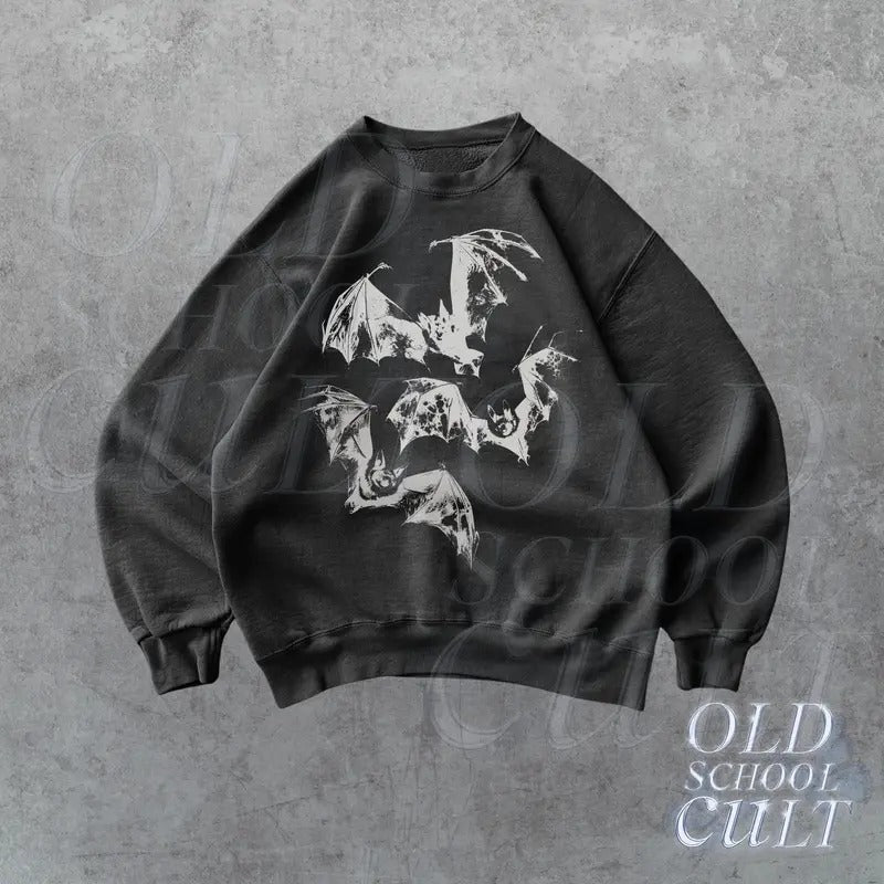 Three Bats Y2k Sweatshirt, Vintage 90s Style Bat Sweater, Retro Gothic Hoodie, Unisex Adult Grunge 2000s Halloween Dark Art Gift