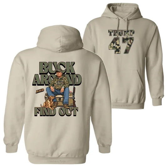 Trump Camo Hunting Buck Around and Find Out Hoodie, Trump Won 47th President Election 2 Sided Graphic Printed Unisex Classic Hoodie Sweatshirt