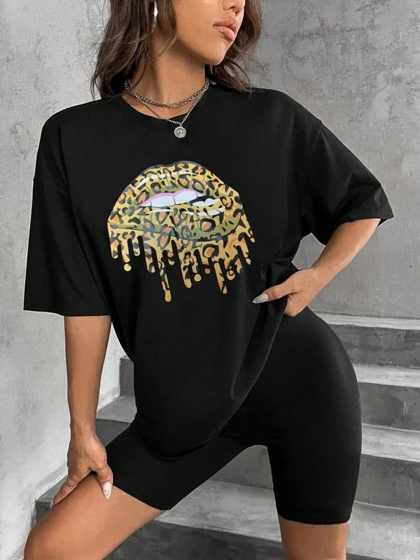 Two-Piece Set Women's Leopard Lip Print Drop Shoulder Tee & Biker Shorts Set, Summer Clothes Women, Round Neck Half Sleeve T-shirt & Skinny Shorts, Casual Summer Clothes for Outdoor Sports