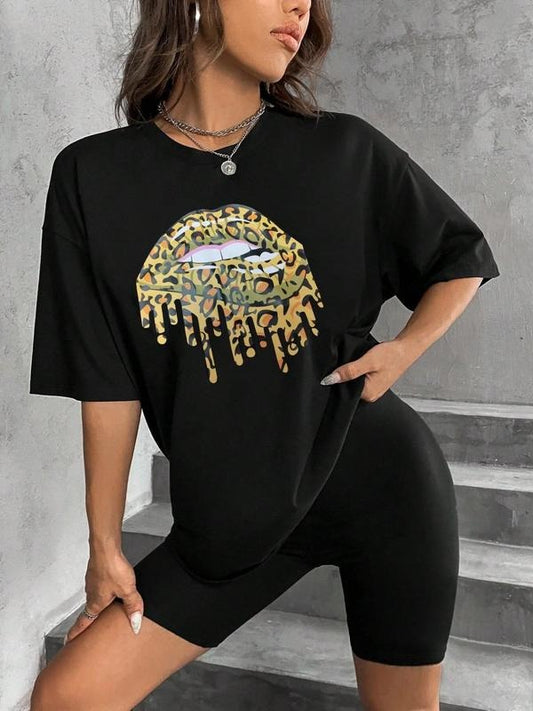 Two-Piece Set Women's Leopard Lip Print Drop Shoulder Tee & Biker Shorts Set, Summer Clothes Women, Round Neck Half Sleeve T-shirt & Skinny Shorts, Casual Summer Clothes for Outdoor Sports