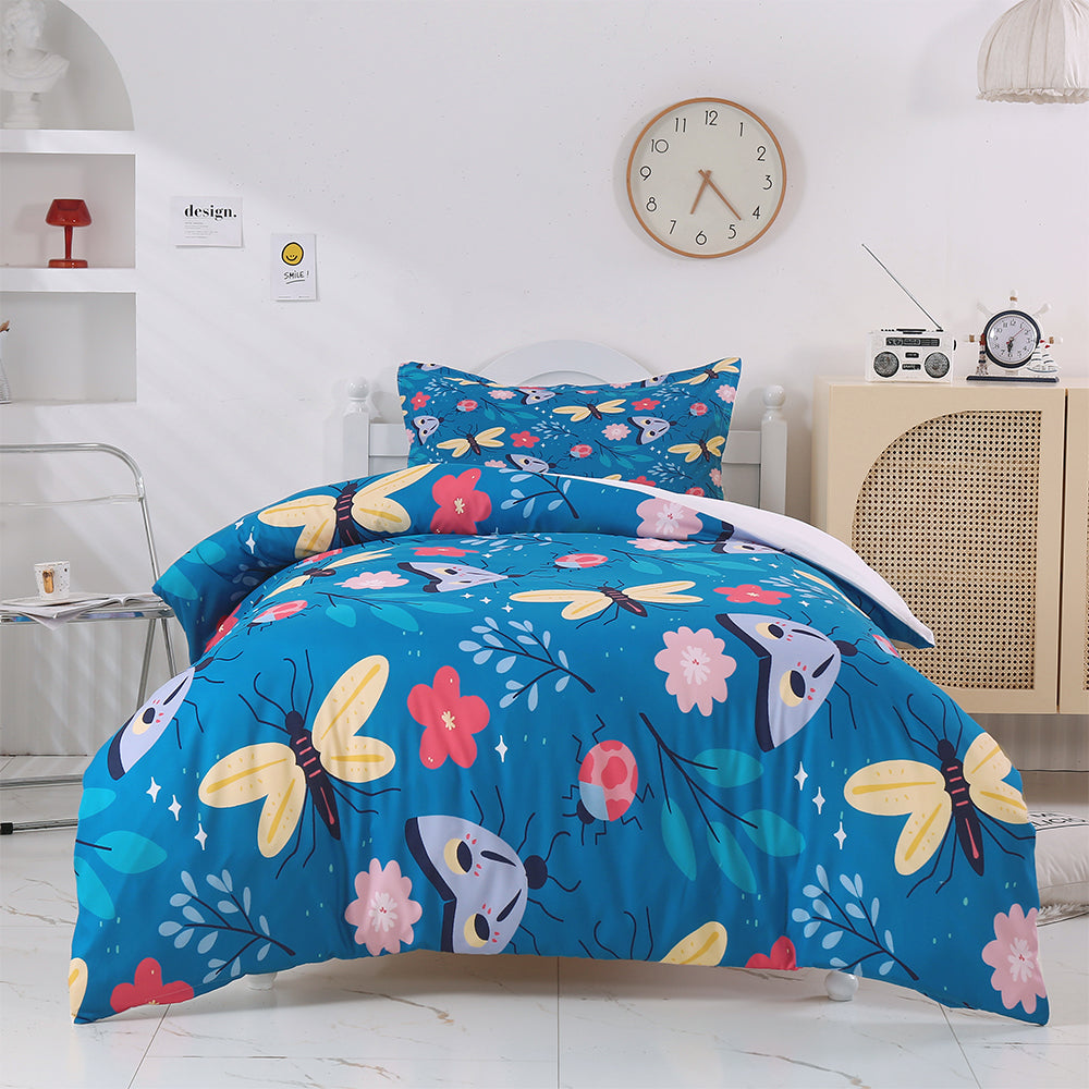 3D Butterfly Moth Floral Leaves Blue Quilt Cover Set Bedding Set Duvet Cover Pillowcases 351
