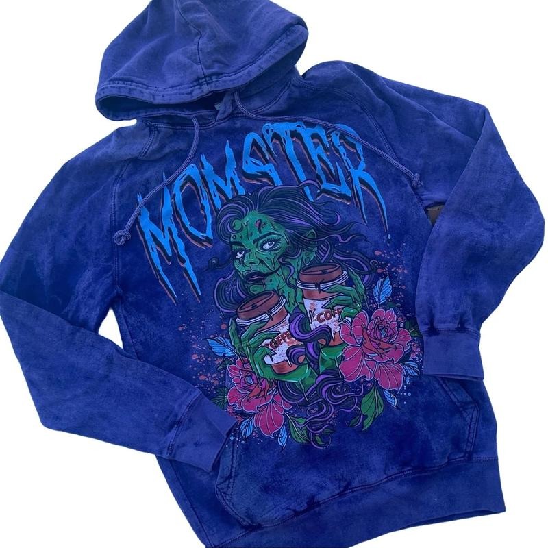 Vintage Washed Hoodie - Momster Coffee, Gift For Mom, Gift for Reader, Smut Alt Fashion, Goth, Zombie, Halloween, Scary, Rock, Punk, Metal
