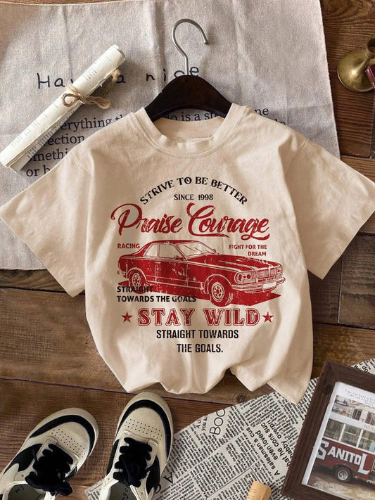 Women's Car & Letter Print Round Neck Tee, Vintage Trendy Casual Short Sleeve T-shirt for Daily Wear, Ladies All Seasons Outfitstyle{n002}2