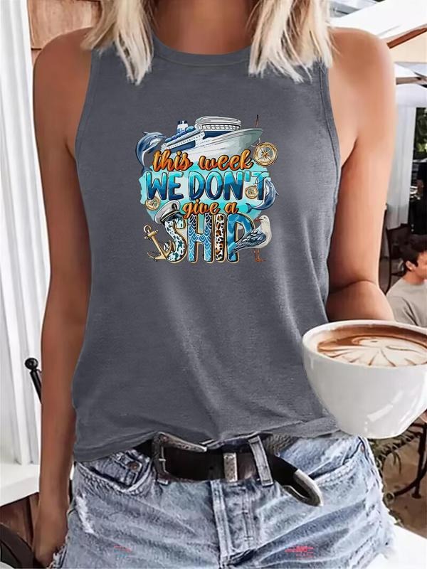 Women's Cartoon & Letter Print Round Neck Tank Top, Casual Sleeveless Top for Summer, Ladies Clothes for Daily Wear, Socks