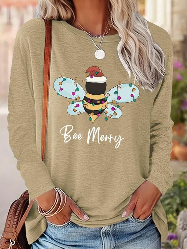 Women's Cartoon Bee Print Drop Shoulder Tee, Casual Long Sleeve Round Neck Pullover for Fall & Winter, Ladies Clothes for Daily Wear