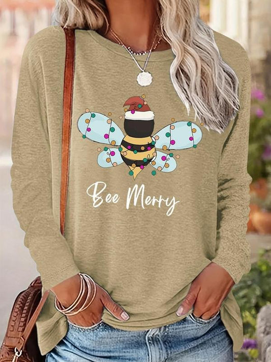 Women's Cartoon Bee Print Drop Shoulder Tee, Casual Long Sleeve Round Neck Pullover for Fall & Winter, Ladies Clothes for Daily Wear