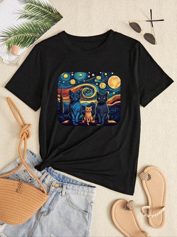 Women's Cartoon Cat Print Round Neck Tee, Summer Clothes Women, Fashion Casual Short Sleeve T-Shirt for Daily Outdoor Wear, Ladies Summer Clothes