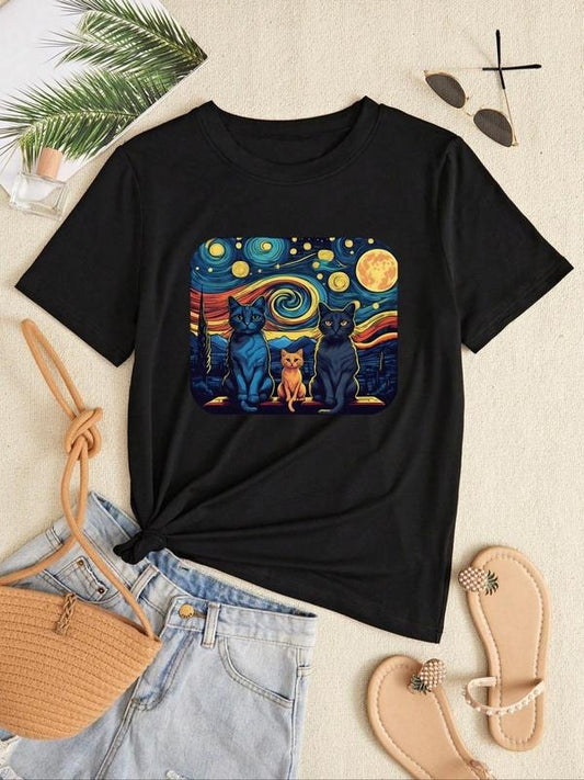 Women's Cartoon Cat Print Round Neck Tee, Summer Clothes Women, Fashion Casual Short Sleeve T-Shirt for Daily Outdoor Wear, Ladies Summer Clothes